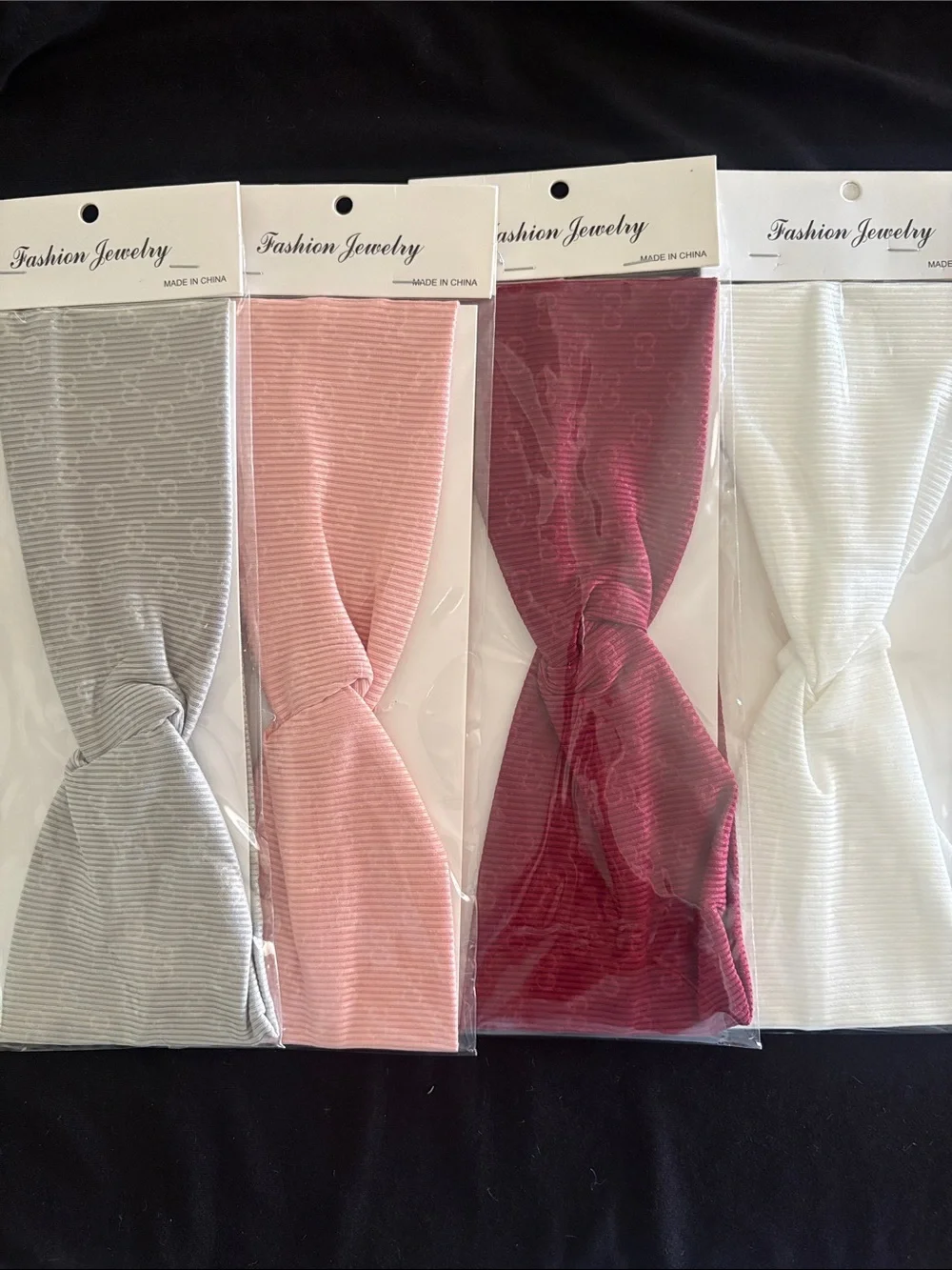 Fashion Ribbed Knot Headbands Double G Pattern- Pink, Wine, Gray, White Set of 4
